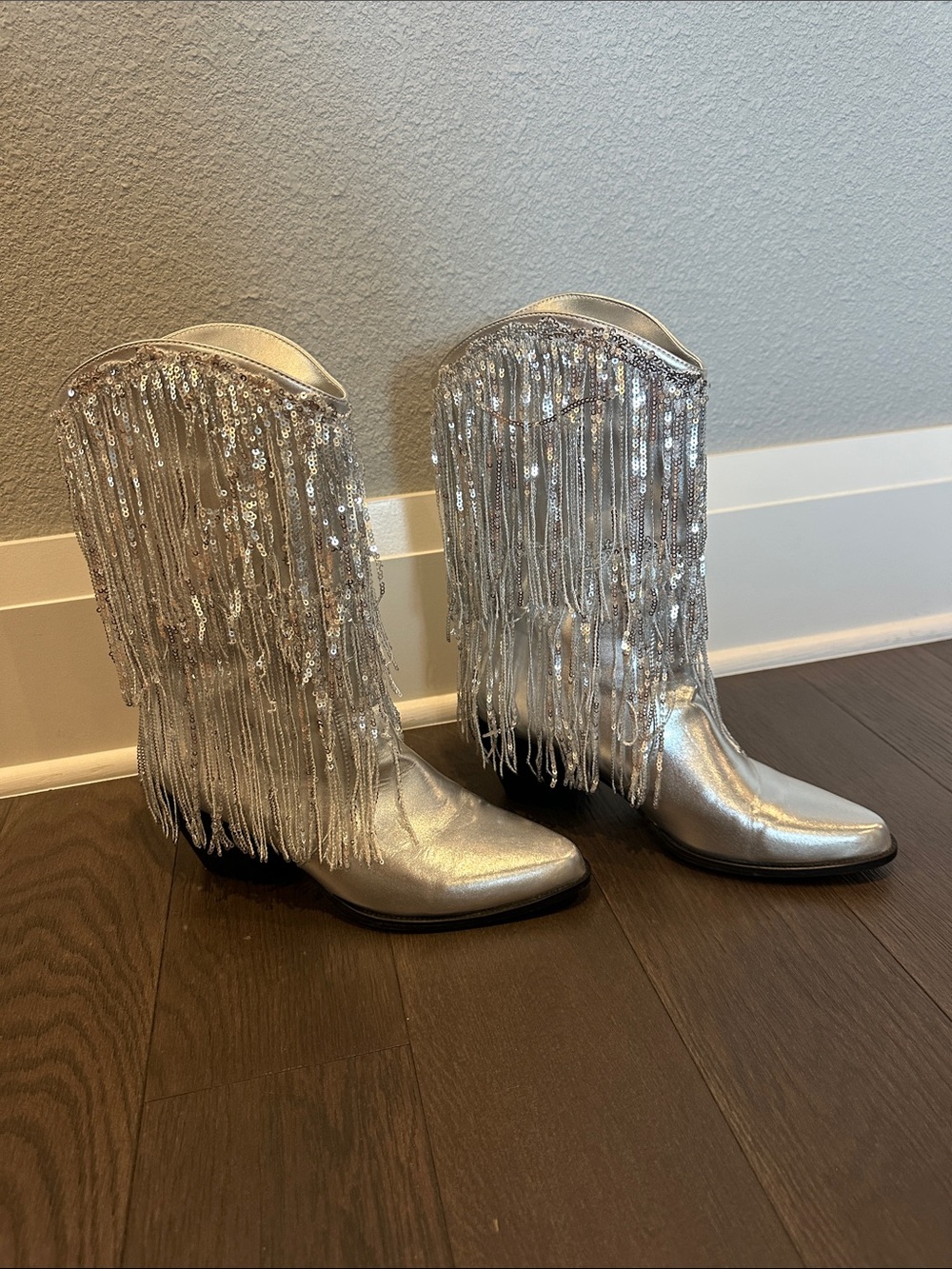 Silver Fringe Sequin Ankle Boots - Women's Metallic Booties - Picture 5 of 12